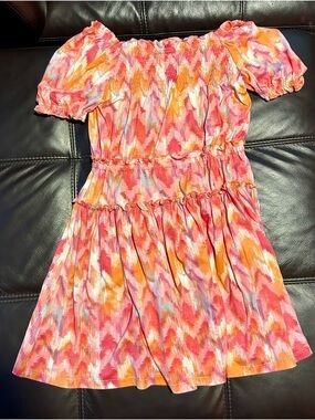 Girls Pink & Orange Ikat Smocked Tiered Dress size M (10/12)